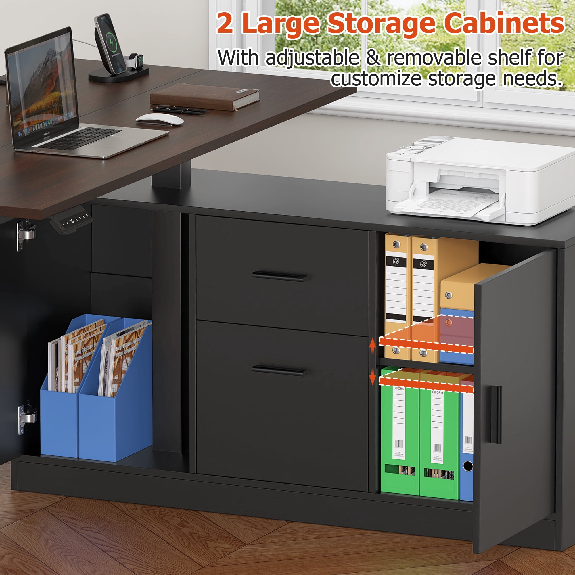 Frmobepts L-Shaped Executive Standing Desk with File Cabinet, 55" x 23.6" Electric Height Adjustable Stand up Desk, One-Whole Piece Desktop, Home Office Modern Computer Desk with 3 Memory Presets