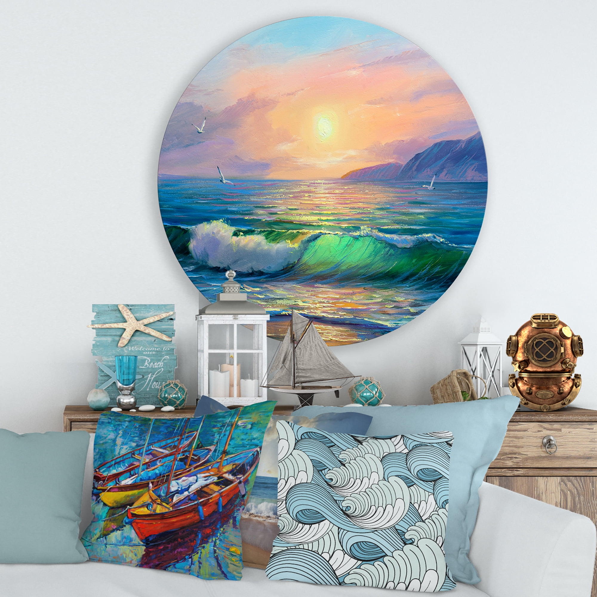 Designart 'Blue Waves Breaking At The Beach Landscape V' Nautical & Coastal Circle Metal Wall Art 36x36 - Disc of 36