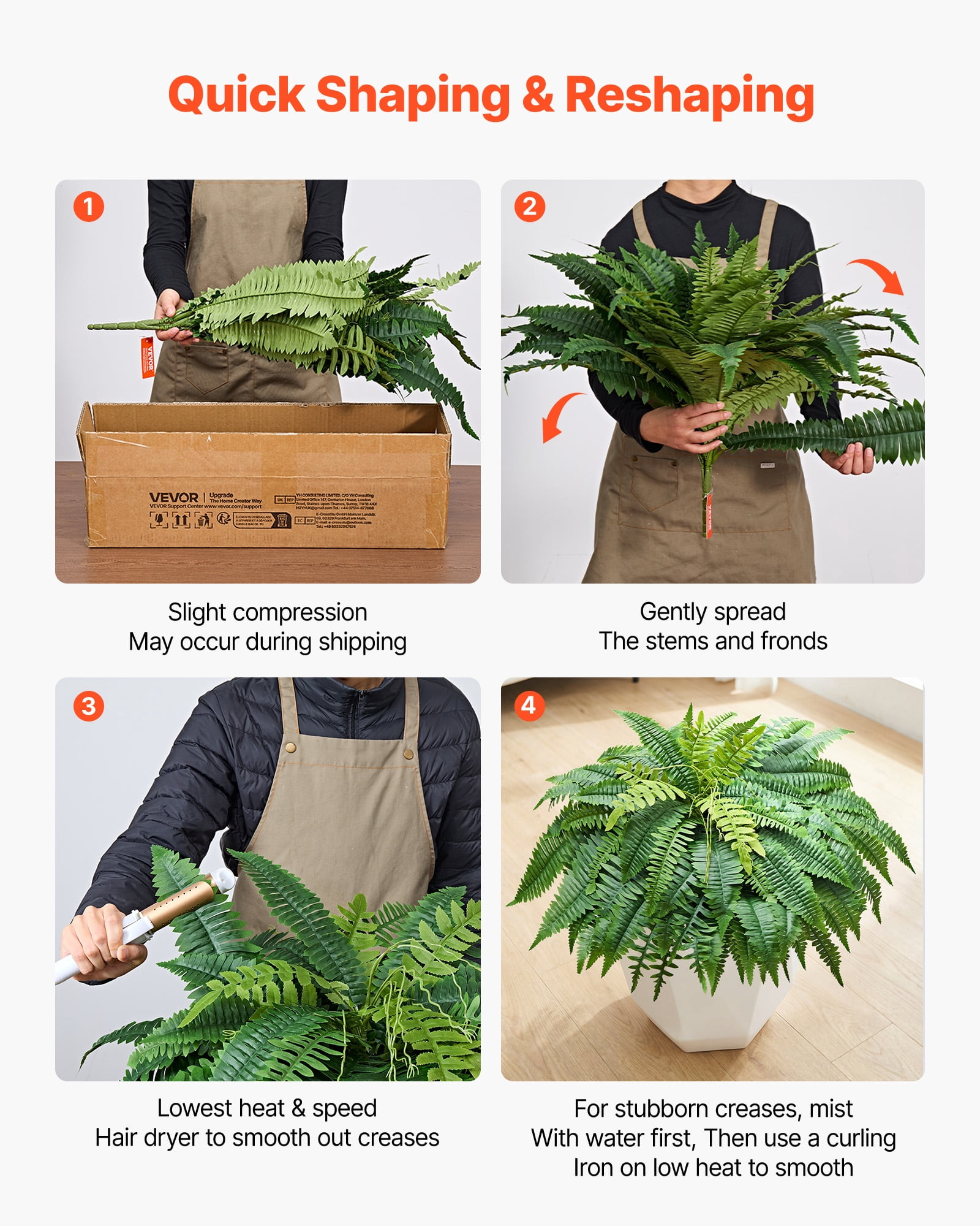 VEVOR Artificial Ferns, 50 Inch Fake Boston Fern Bush Plant with 96 Fronds, Large Faux Greenery for Indoor and Outdoor Decor, Silk & LDPE, Realistic for Home Porch Garden Office Living Room Planter