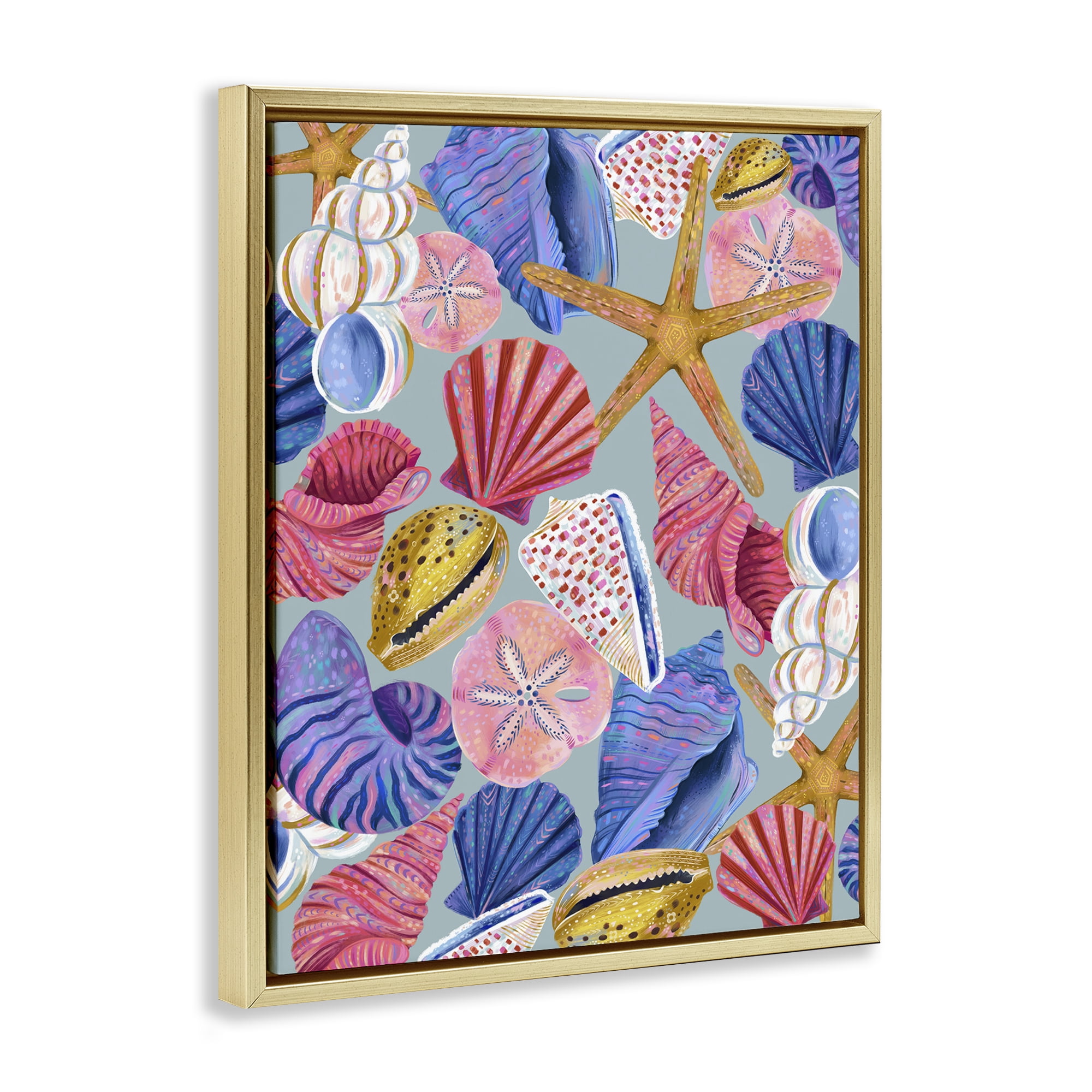 Stupell Industries Bright Seashells Assortment Nautical & Beach Painting Gold Floater Framed Canvas Art Print Wall Art, 17 x 21