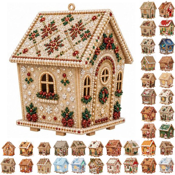 Christmas 3D Gingerbread House Pearl Art Craft Kit, Sparkling Diamond Wooden House Diy Craft Set Colorful Full Drill Holiday Hanging Decor for Xmas Tree Table Mantel Shelf Kitchen Home Garden Gift