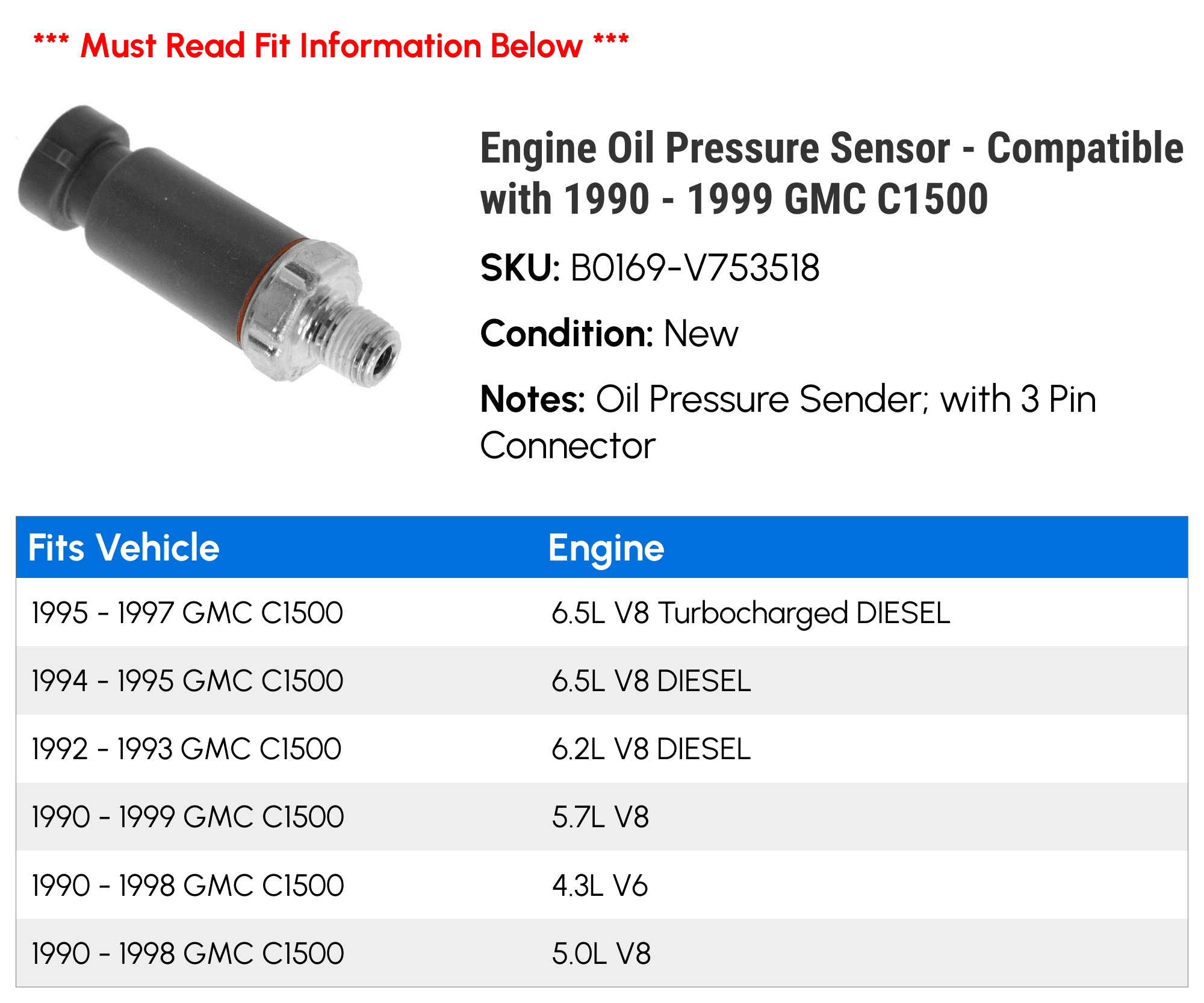 Engine Oil Pressure Sensor - Compatible with 1990 - 1999 GMC C1500 1991 1992 1993 1994 1995 1996 1997 1998