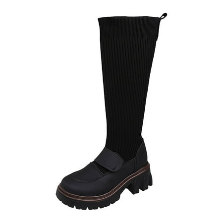 

GWAABD Women s Boots Mid Calf 2022 Women s New British Style Knitted Hook Loop Long Boots Thick Bottom Slim Elastic Thin Socks Middle Boots