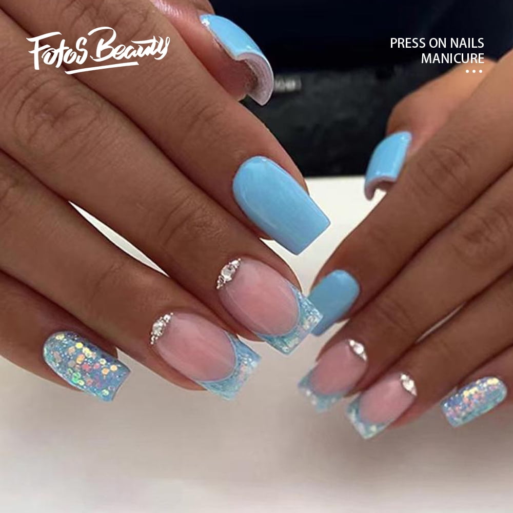 Fofosbeauty 24 pcs Fake Nails, Press On Nails Designs 2023, Square Light Blue French With Stones - Walmart.com