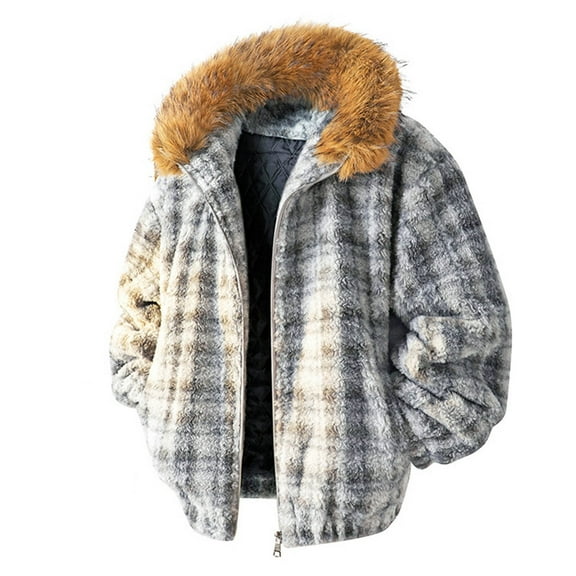 Sherpa Jackets for Man Plaid Zip Up Long Sleeve Outwear Coats Thickened Insulatedd Coat With Faux Fur Hooded Dark Blue XL
