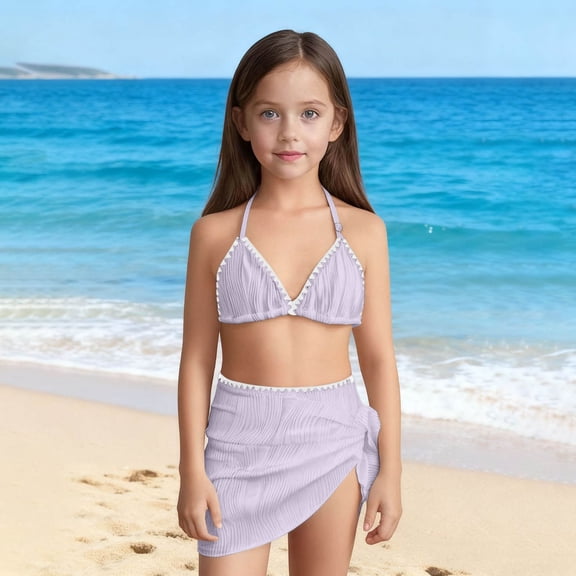 ATOGUTA Bikini for Teen Girls 3 Piece Bathing Suits Summer Bikini Tankini Sets with Cover Up Skirt Size 8-16, Purple