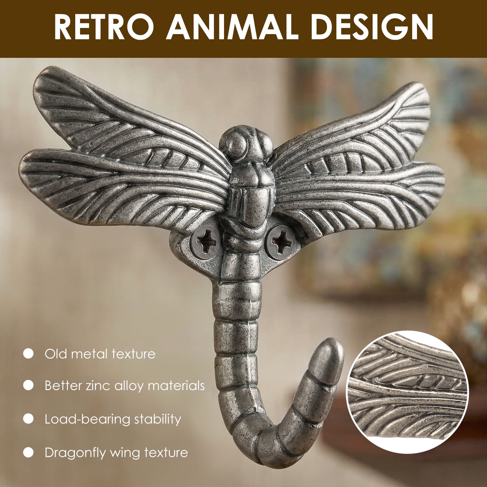 Atopoler 6 Pcs Dragonfly Hook,Wall Mounted Coat Rack Heavy Zinc Alloy Decorative Hook for Towel Robe Clothes Hat Bag Key,4.52 x 3.14 inches