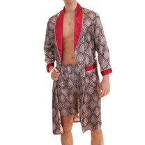 Previn Men's Satin Robe 2 Piece Long Sleeve Luxury Pajamas Shorts Valentine's Day HalloweenThin V Neck Bathrobe Lightweight Comfy Cool Vermillion XX-Large