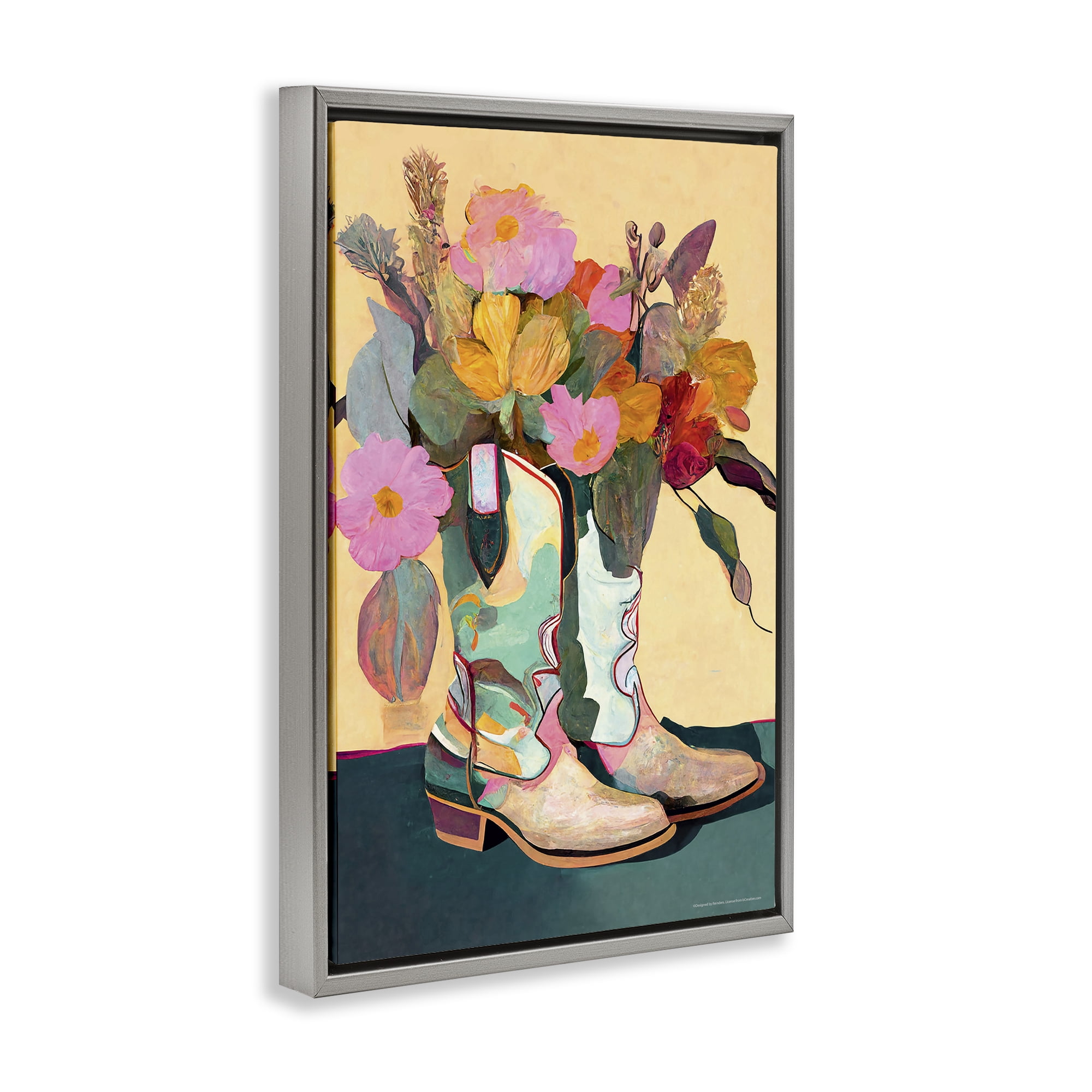 Stupell Industries Bright Cowgirl Florals Plants & Flowers Painting Gray Floater Framed Canvas Art Print Wall Art, 21 x 31