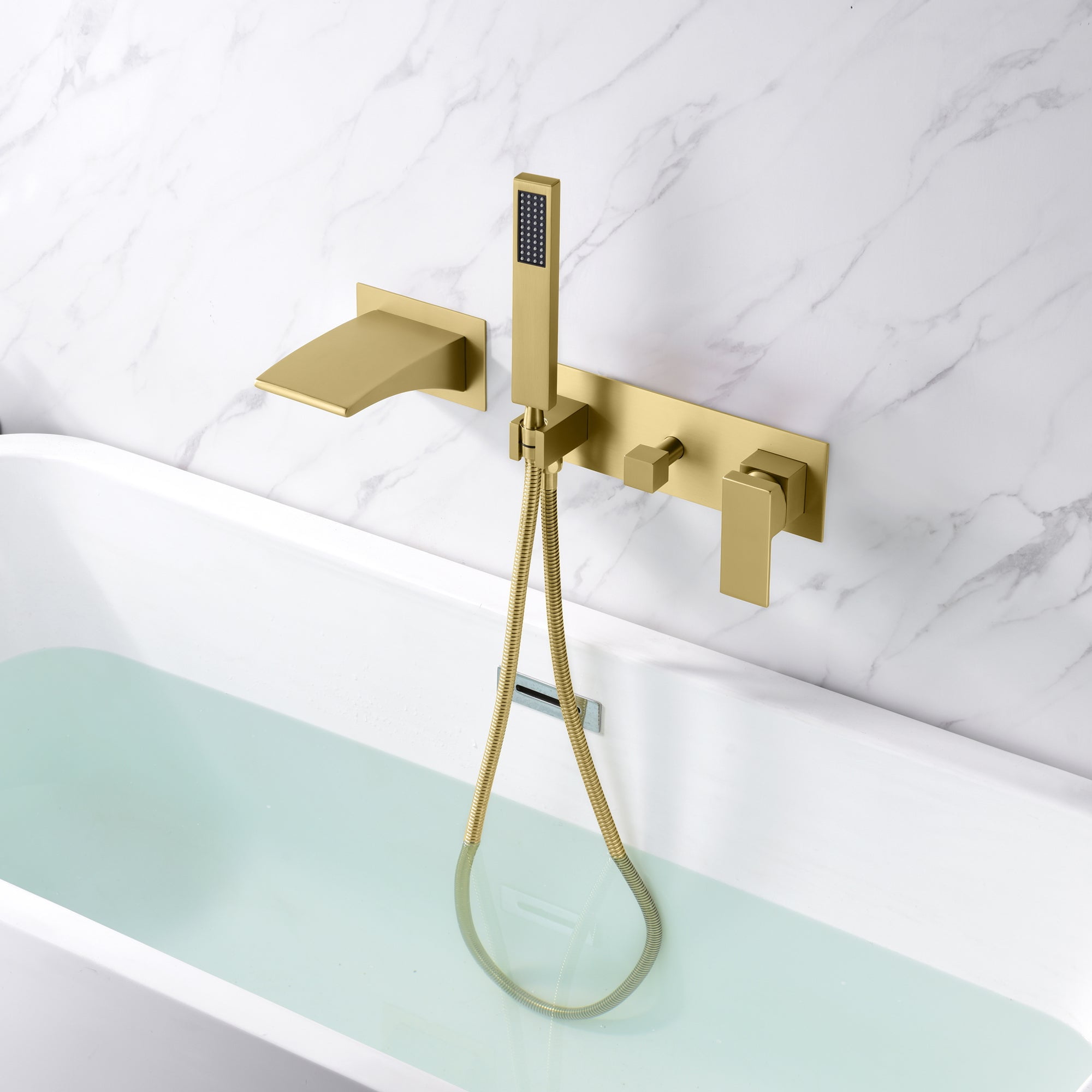 Brushed Gold Wall Mount Tub Faucet with Hand Shower, Waterfall Spout with Sprayer and Valve Sumerain