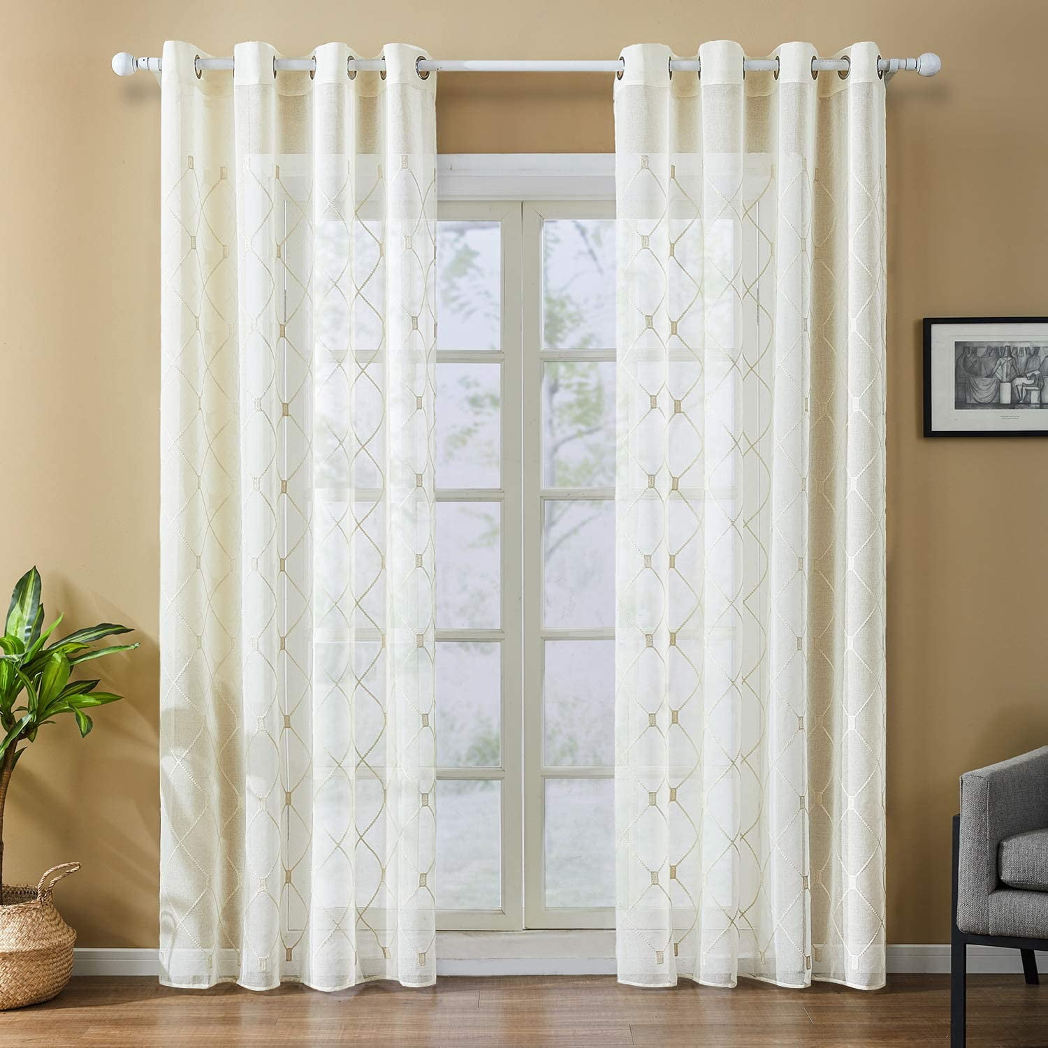 Topfinel Cream Sheer Curtains 96 Inches Length For Living Room Bedroom Diamond Embroidered Grommet Window 2 Panels Com Topfinel Cream Sheer Curtains 96 Inches, Off White Sheer Curtains 96 Inches Long