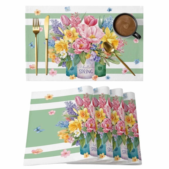 Watercolor Floral Placemats Set of 8, Spring Flowers Butterflies Leaves Green Placemats for Dining Table, Place Mats for Kitchen Tabletop, Waterproof Wipeable Dining Table Mats Set