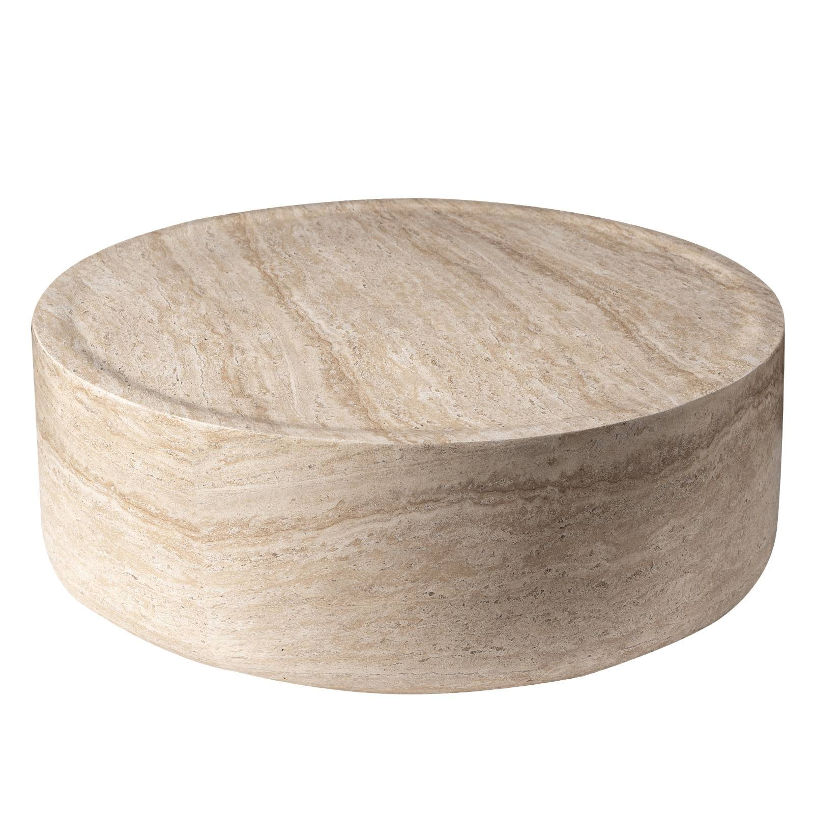 LeisureMod 32 Inches Round Coffee Table in Fiberstone Center Table for Indoor and Outdoor Use No Assembly for Modern Home, Living Room, Offices Sandy Collection, Travertine