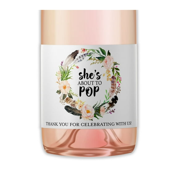 ABOUT TO POP Mini Champagne Bottle Labels ● SET of 12 ● Ready to Pop Boho Chic Rustic Floral Baby Shower Mini Wine Labels Favors WATERPROOF M403-POP-12