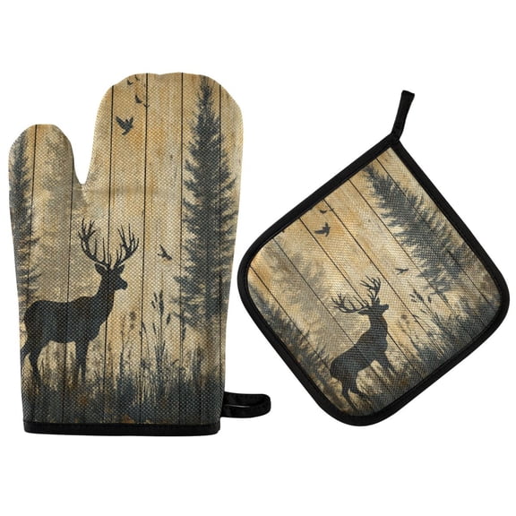 Wobogo Forest Deer Shadow Oven Mitts and Pot Holders 2pcs Set Kitchen Oven Glove High Heat Resistant 200 Degree Surface for Cooking