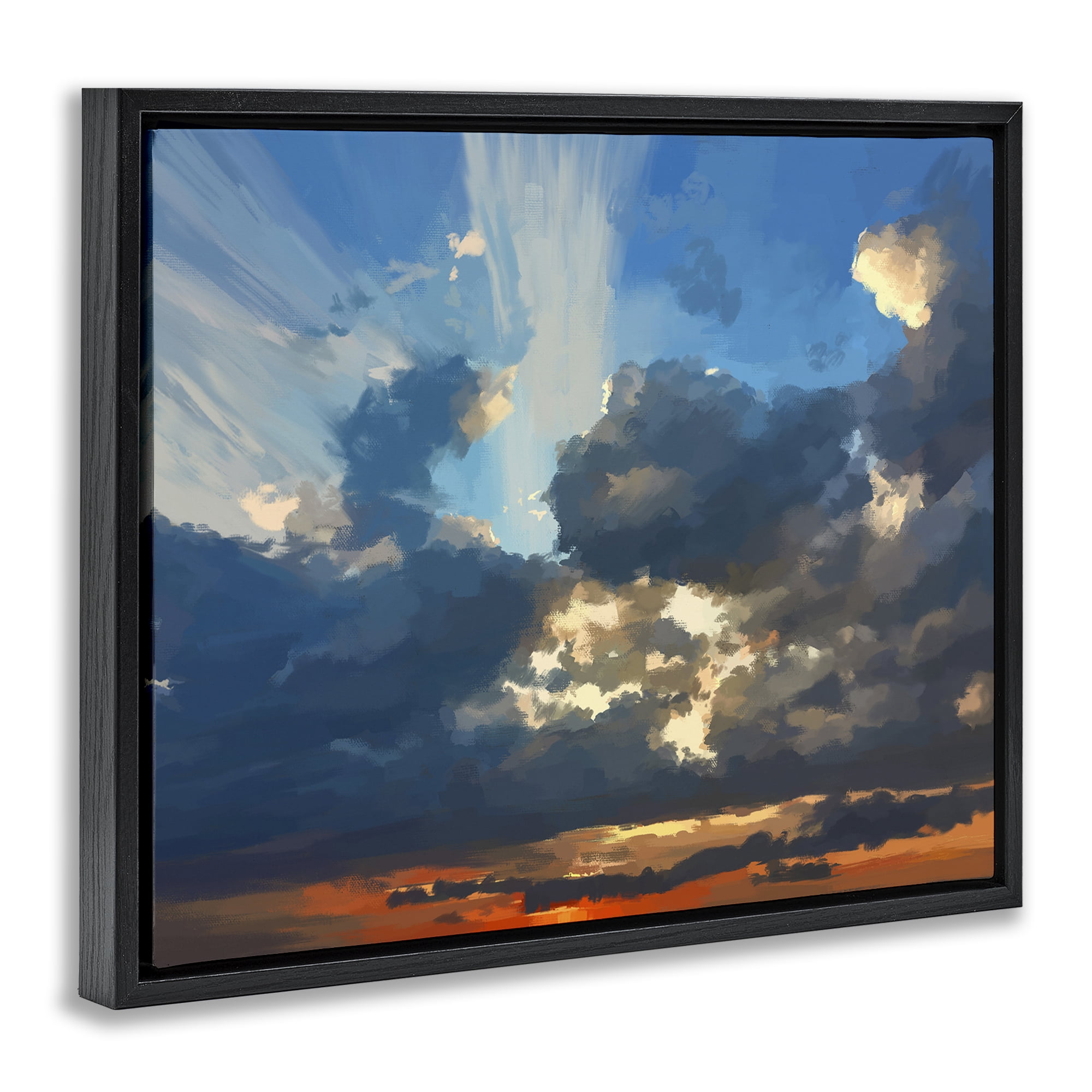 Stupell Industries Sun Rays Through Clouds Landscape & Nature Painting Black Floater Framed Canvas Art Print Wall Art, 21 x 17