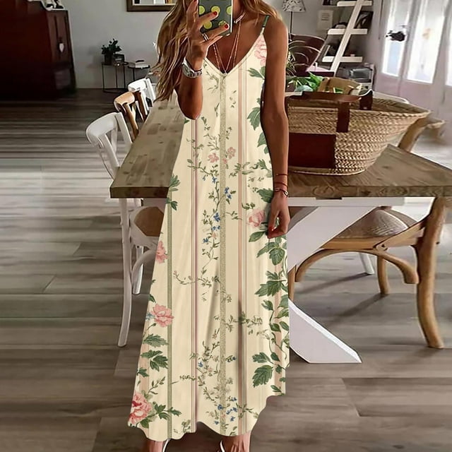 FcBaudy Camisole Sans Manches Robe Col en V, Robes d'Été pour Femmes, Robes d'Été pour Femmes Imprimé Sans Manches Col Rond Robe Décontractée Robe Femme