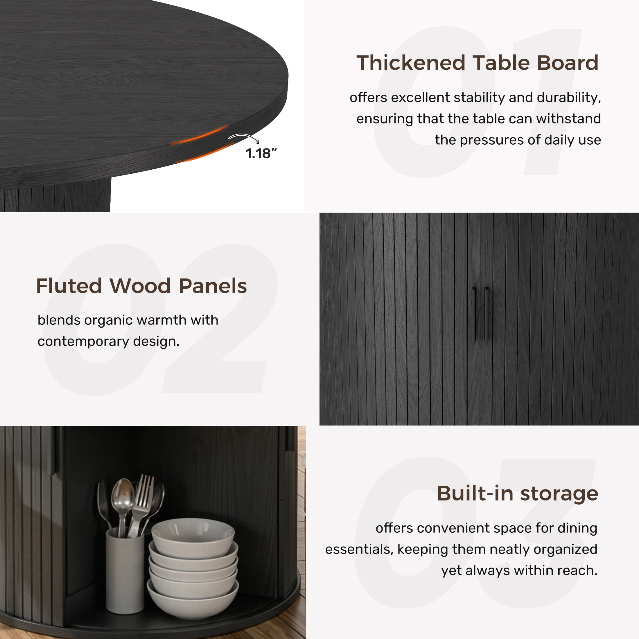 Hawsaiy 31.5" Round Dining Table for 2 with Sliding Door Storage Base, Space-Saving Waterproof Scratch-Resistant Wood Top, Modern Farmhouse Kitchen Table, Black