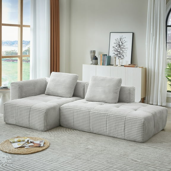 107" Cloud Sectional Couches, Convertible L-Shaped Sofa with 30" Extra Deep Seat and Chaise Lounge, 3 Seater Corduroy Boneless Couch, No Assembly Required, Light Grey