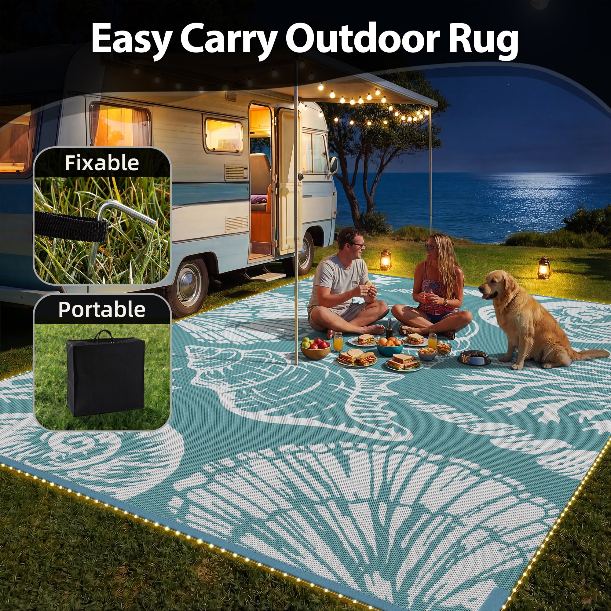 SIXHOME 8'x10' Waterproof Reversible Outdoor Rug with LED Strip Lights, Coastal Ocean-Inspired Patio Rug, Lightweight Woven Plastic Carpet for RV, Camping, Deck & Balcony, Teal