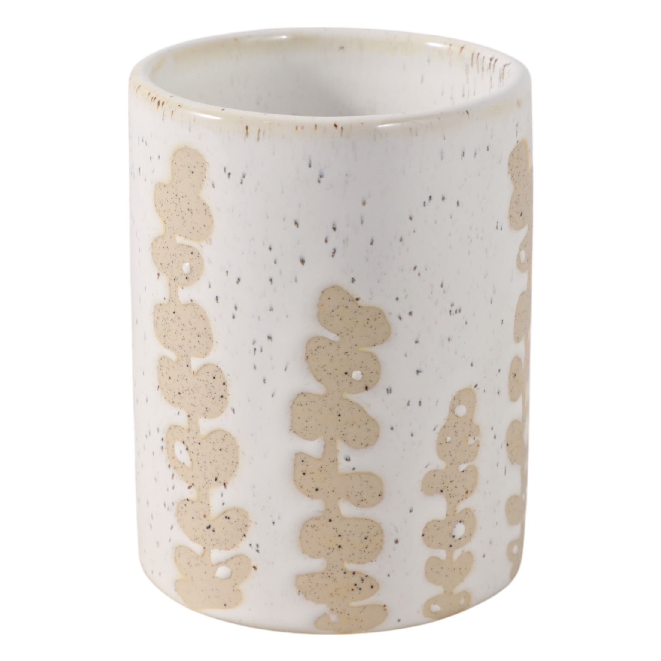 Decorative Desk Organizer with Wild Plant Print Design - Desktop Storage for Workspace Accent or Small Desk Decor - Functional Office Accessory for Bathroom, Bedroom, or Home Decor - 4", Tan & Ivory