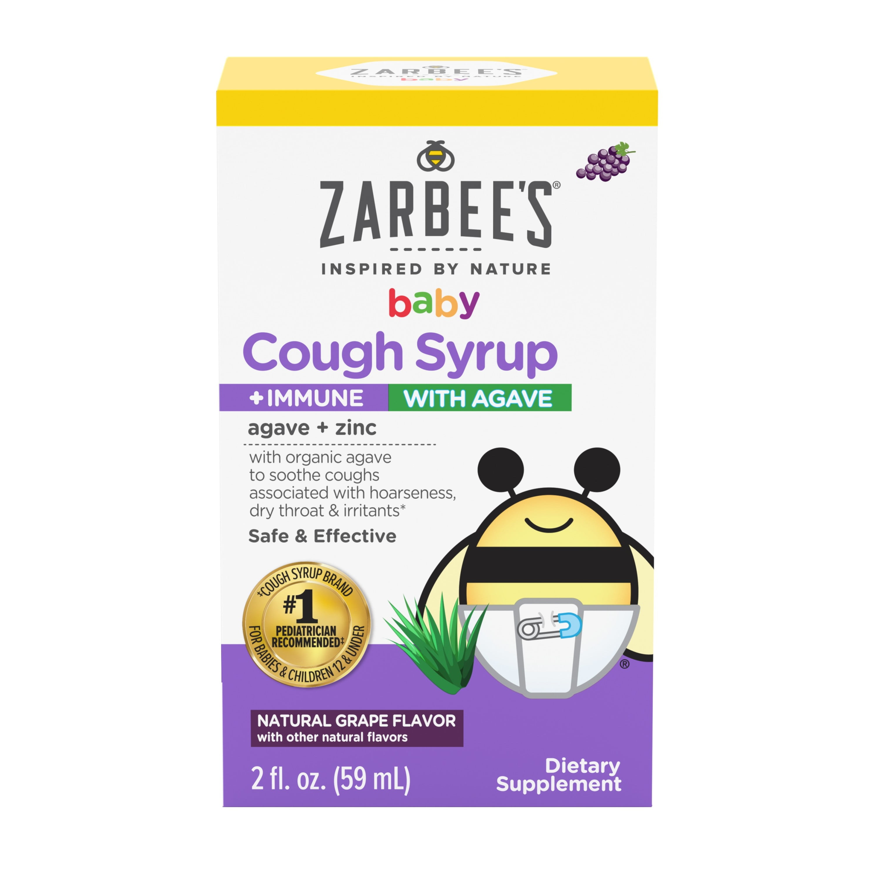 Zarbee's Baby Cough Syrup + Immune with Organic Agave & Zinc, Natural Grape Flavor, 2 Fl Oz
