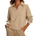 thumbnail image 5 of ABSUYY Oversized Womens Waffle Knit Polo Neck Pullover, Khaki Long Sleeve Smart Casual Layering Top,Size XL, 5 of 9