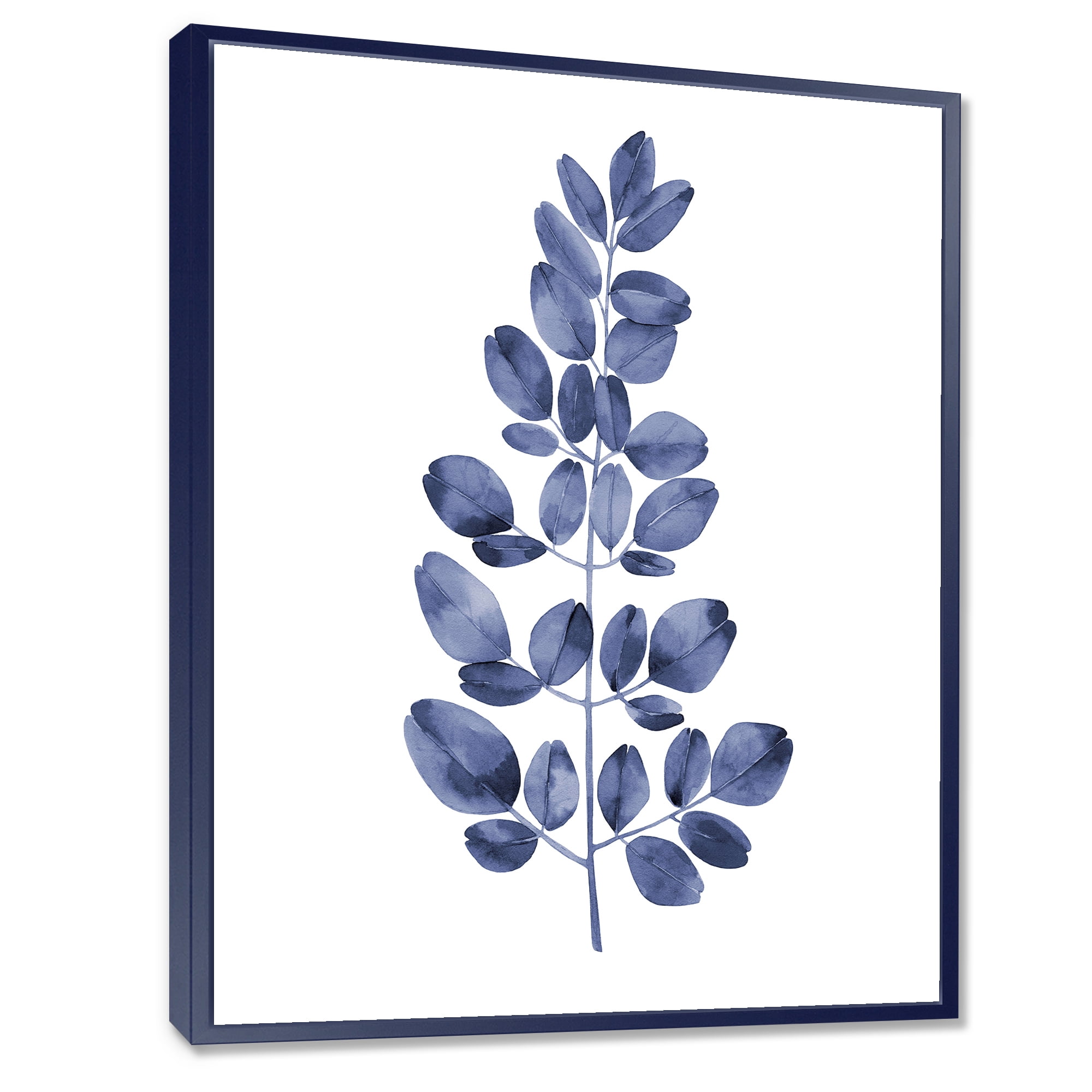 Designart 'Navy Blue Eucalyptus On White' Traditional Framed Canvas Wall Art Print