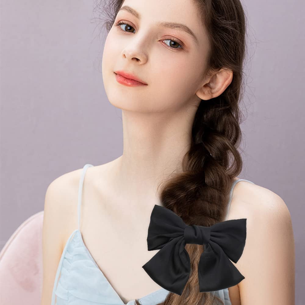 8Pcs Big Bow Hair Clips, French Barrette with Long Silky Satin Ribbon, Solid Color Large Hair Bow Pins Bowknot Hair Slides Accessories for Women Girls Lolita Party Mother's Day Gift