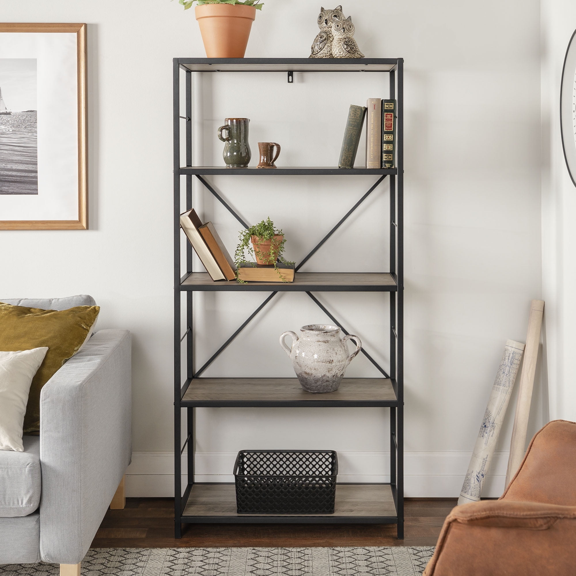 Rustic Metal and Grey Wash Media Bookshelf Bookcase by Manor Park
