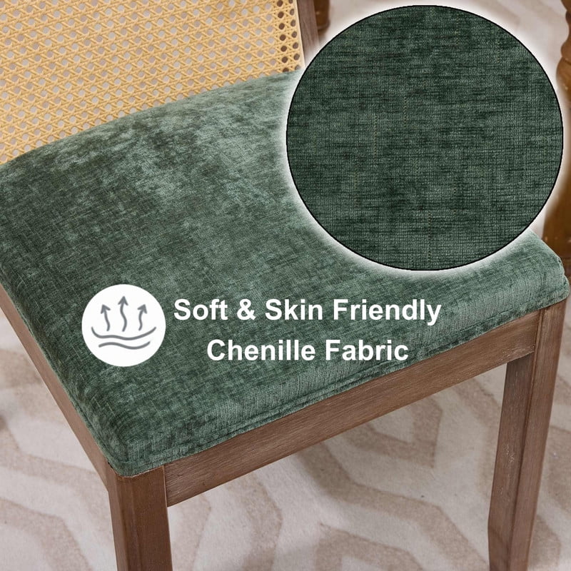2-Piece Arched Rattan Back Dining Chairs, Farmhouse Side Kitchen Chairs, Chenille Upholstered Armless Accent Chair Set of 2