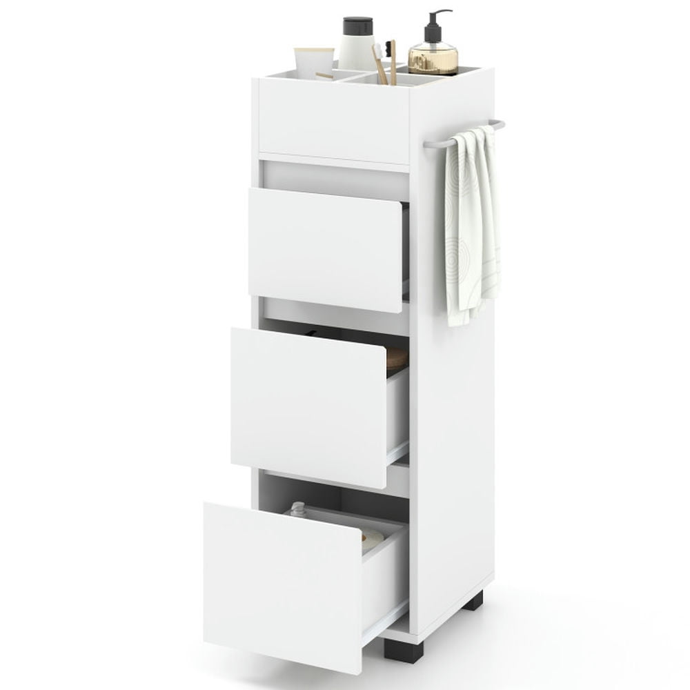 Finihen Bathroom Storage Cabinet, Bathroom Floor Cabinet, Bathroom Floor Cabinet with 3 Drawers, 4 Top Dividers and 1 Towel Rack, for Bathroom, Living Room, Bedroom, Kitchen, White Finihen Bathroom Storage Cabinet, Bathroom Floor Cabinet, Bathroom Floor Cabinet with 3 Drawers, 4 Top Dividers and 1 Towel Rack, for Bathroom, Living Room, Bedroom, Kitchen, White