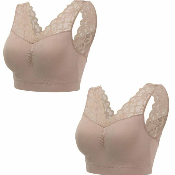 2Pcs Women's Sexy Lace Deep V Bralette Comfort Revolution Crop Top Full Figured Supportive Wirefree Bra Plus Size Beige+Beige M-3XL