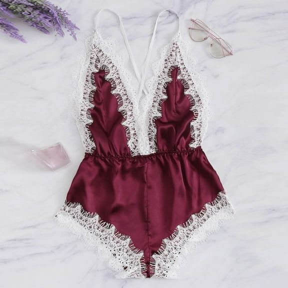 Xysaqa Women Lingerie Lace Satin Bodysuit Deep V Neck Teddy One-Piece Babydolls Nightwear Slim-Fit S-3XL