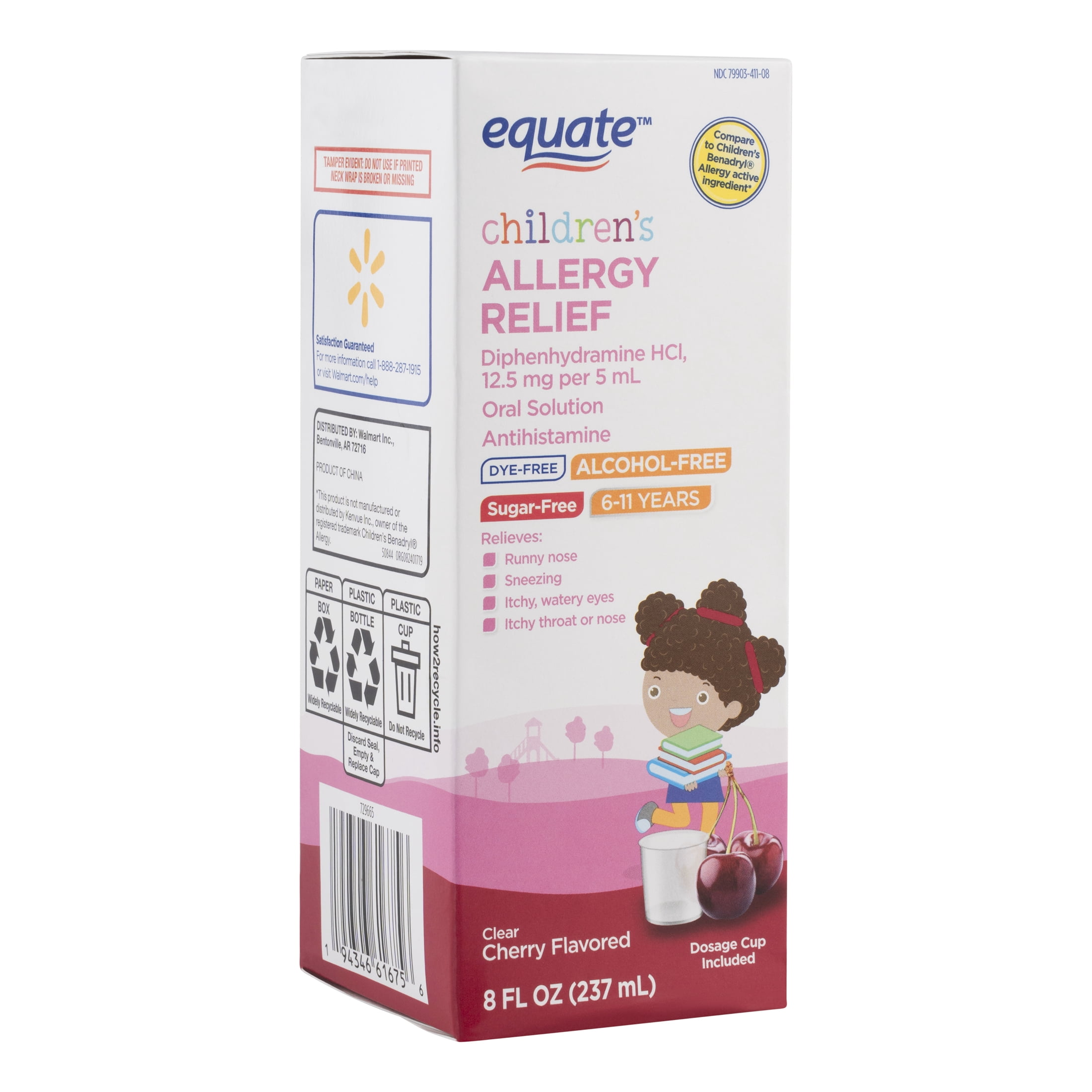 Equate Children's Dye Free Allergy Relief Cherry Flavored Liquid, 8 fl. oz - Fast-Acting Medicine for Kids
