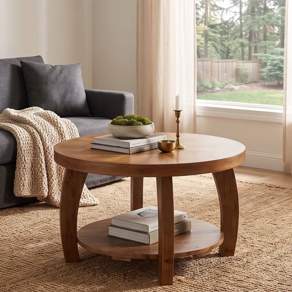 Fnova 31.5" Round Coffee Table, 2-Tier Solid Wood Center Table with Storage for Living Room, Easy Assembly, Brown