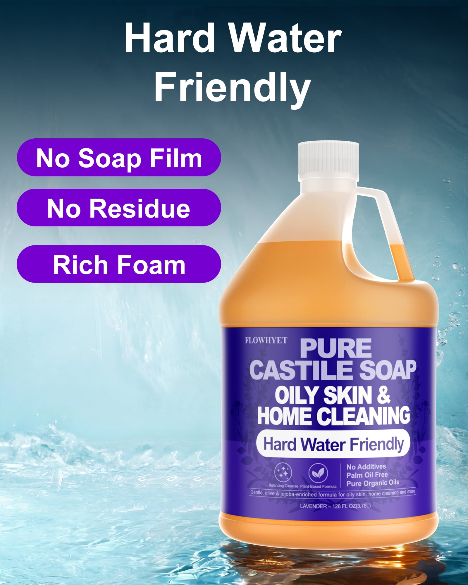 Pure Castile Soap Liquid Lavender 1 Gallon (128 fl oz) Refill – Natural Organic Body Wash, Hard Water Friendly Bath Soap Liquid for Oily Skin,Body,Face, Laundry & Home Cleaning