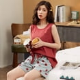 thumbnail image 3 of Conjuntos de Pijamas de algodón con dibujos animados para mujer, ropa de dormir femenina con bolsillo, camiseta sin mangas, pantalones cortos con lazo, traje de dormir, 3 of 4