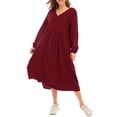 thumbnail image 1 of Vestido de color sólido para mujer, cuello en V, manga larga, puño elástico, fruncido, vestido Abanopi Vestido de color liso, 1 of 7