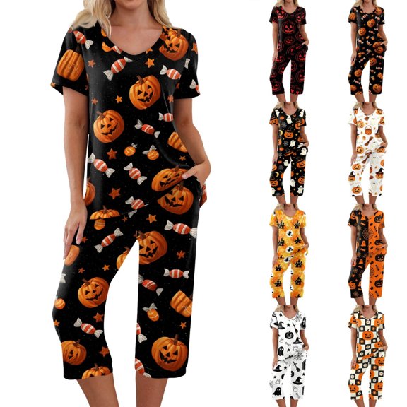 Women's Halloween Pajama Set Short Sleeve V Neck Top and Cropped Pants Lightweight Breathable Lounge Outfit with Pumpkin Print Casual Sportswear for Daily Wear Black L