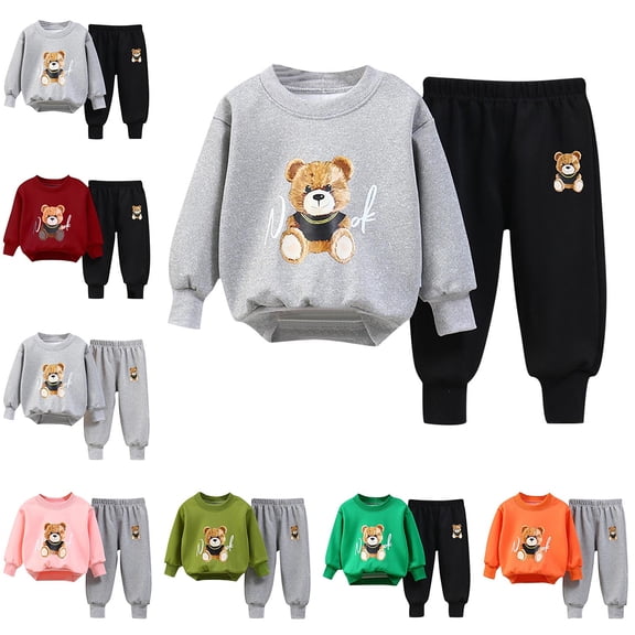 Afuyipoi Kids Cute Teddy Bear Graphic Sweatshirt and Matching Joggers Outfit Set 100% Cotton 0-7Y Gray Size 0M