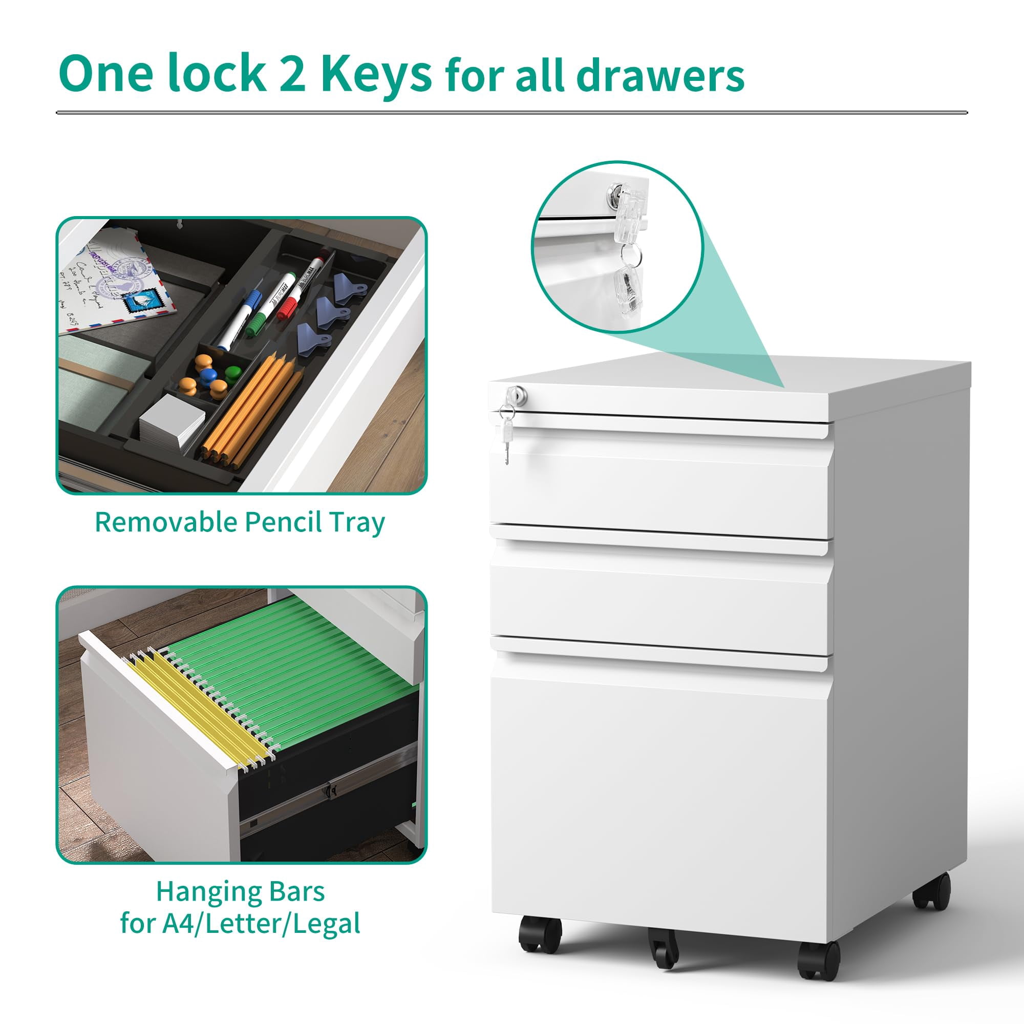 IKIMI 3 Drawer Metal Mobile File Cabinet Under Desk Vertical File Cabinet with Lock on Wheels Office Rolling Storage Cabinets for Legal/Letter/A4 File Fully Assembled
