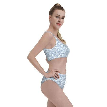 Goofa Gray White Floral Pattern High Waisted Bikini Set - Two Piece Swimsuit for Women  Summer Bathing Suit Trendy Swimwear-Medium