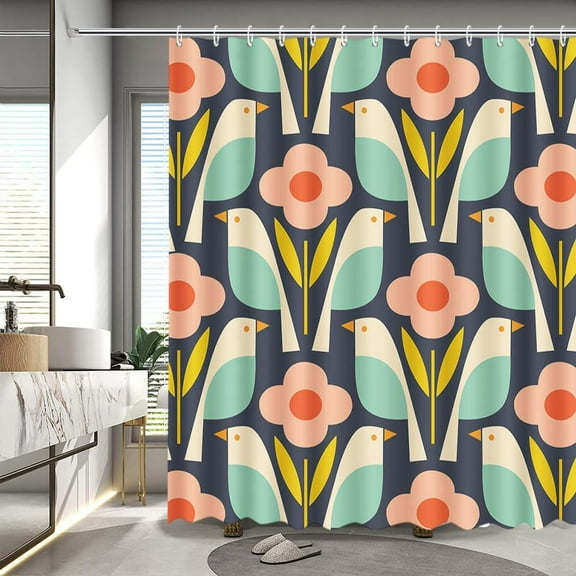 Flower Bird Shower Curtain Vintage Mid Century Modern Abstract Geometric Bathroom Curtain Boho Retro Classic 1950S 1960S Home Bathtub Decor Fabric Waterproof Bath Curtain 72x72 Inch
