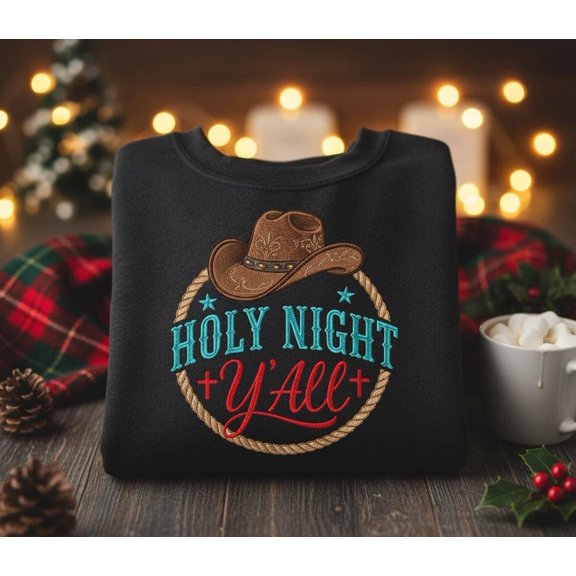 Custom Holy Night Y’all Embroidered Christmas Sweatshirt Western Cowgirl Faith Gift Holiday Cowboy Hat Black Sweater