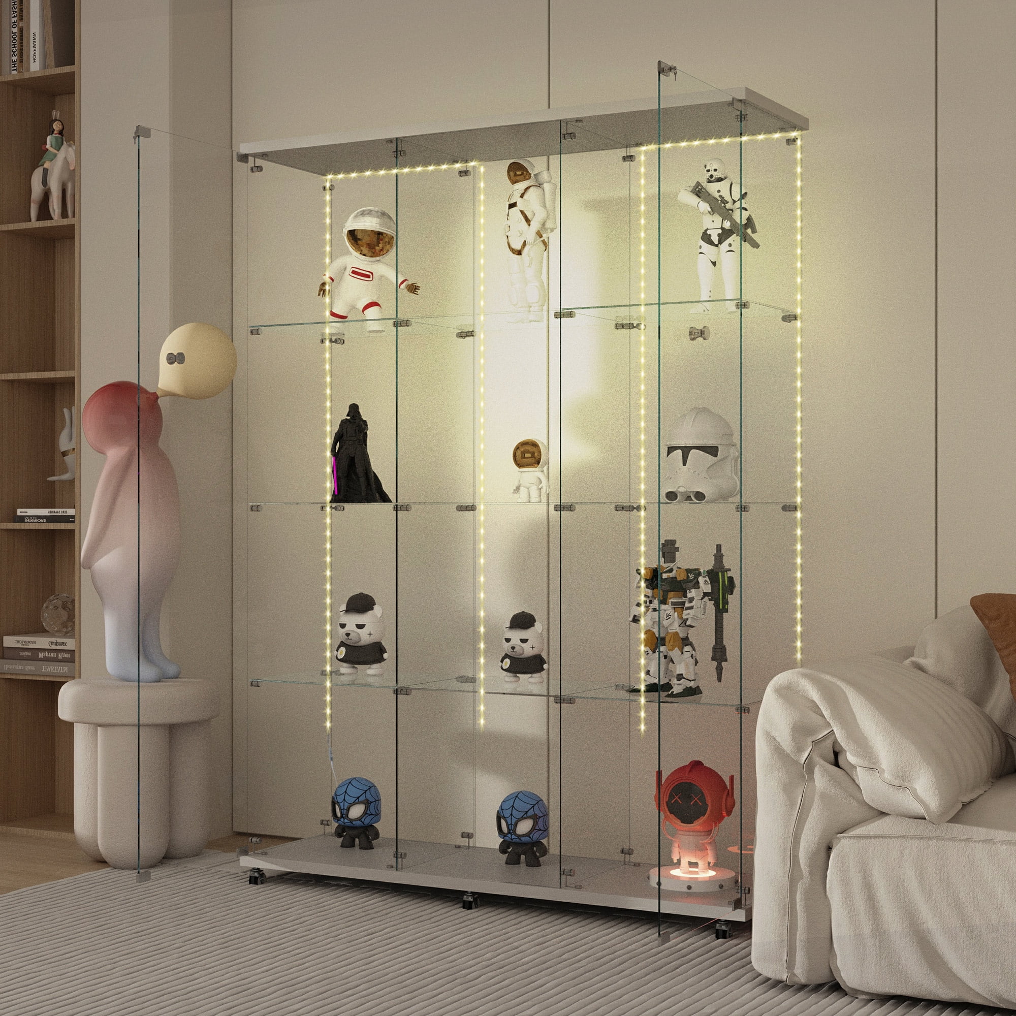 MAYEERTY 4 Tiers Glass Display Cabinet with Bluetooth LED Light Strip, Curio Storage Cabinet with 3 Door Wheels and Lock, Wood Top, White