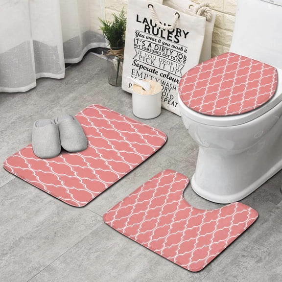 Pink Geometric Quatrefoil Pattern Bathroom Rugs Sets 3 Piece,Toilet Cover Set,Absorbent Non Slip Bathroom Mats Sets with U-Shaped Contour Rug Toilet Rug Set