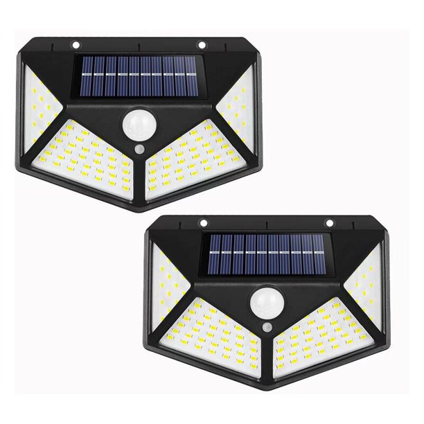 Lámpara de pared solar de 100 LED con dos luces solares para exteriores Sensores de movimiento de iluminación solar, potentes focos solares inalámbricos, luces solares para jardín con 3 modos de ilum