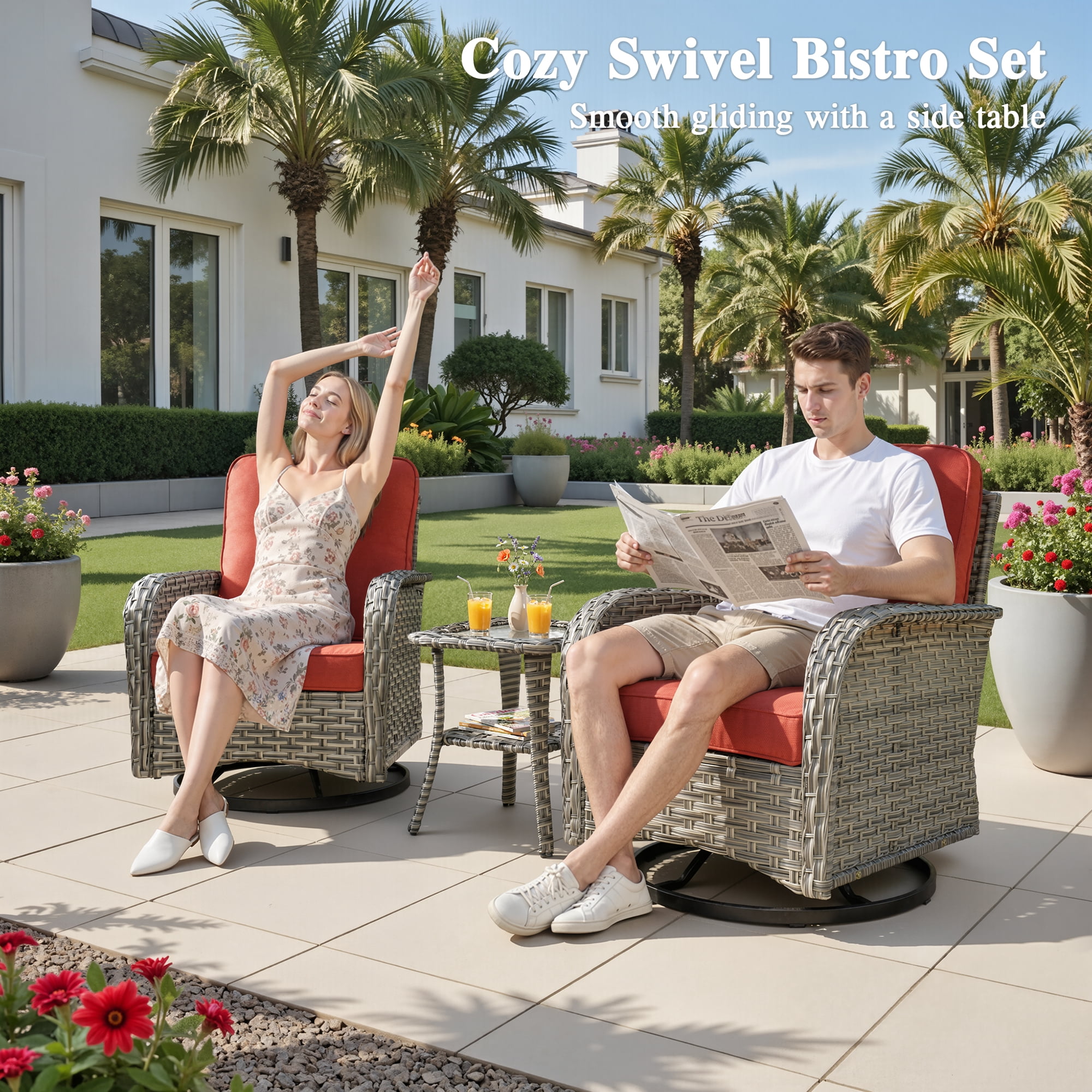 Ovios 11 Pieces Patio Furniture Set All-Weather Wicker Outdoor Sectional with 54" Fire Pit, Swivel Chairs & Solar Table
