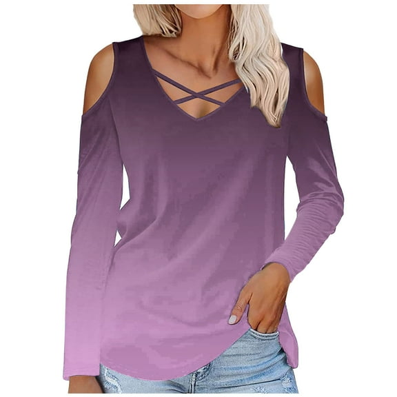 Scyoekwg Womens Going Out Tops Long Sleeve V-Neck Cold Shoulder Tops Dressy Casual Tunic Shirts Gradient Color Graphic Tee Casual Lightweight Vintage Loose Fall Clothes Pullover